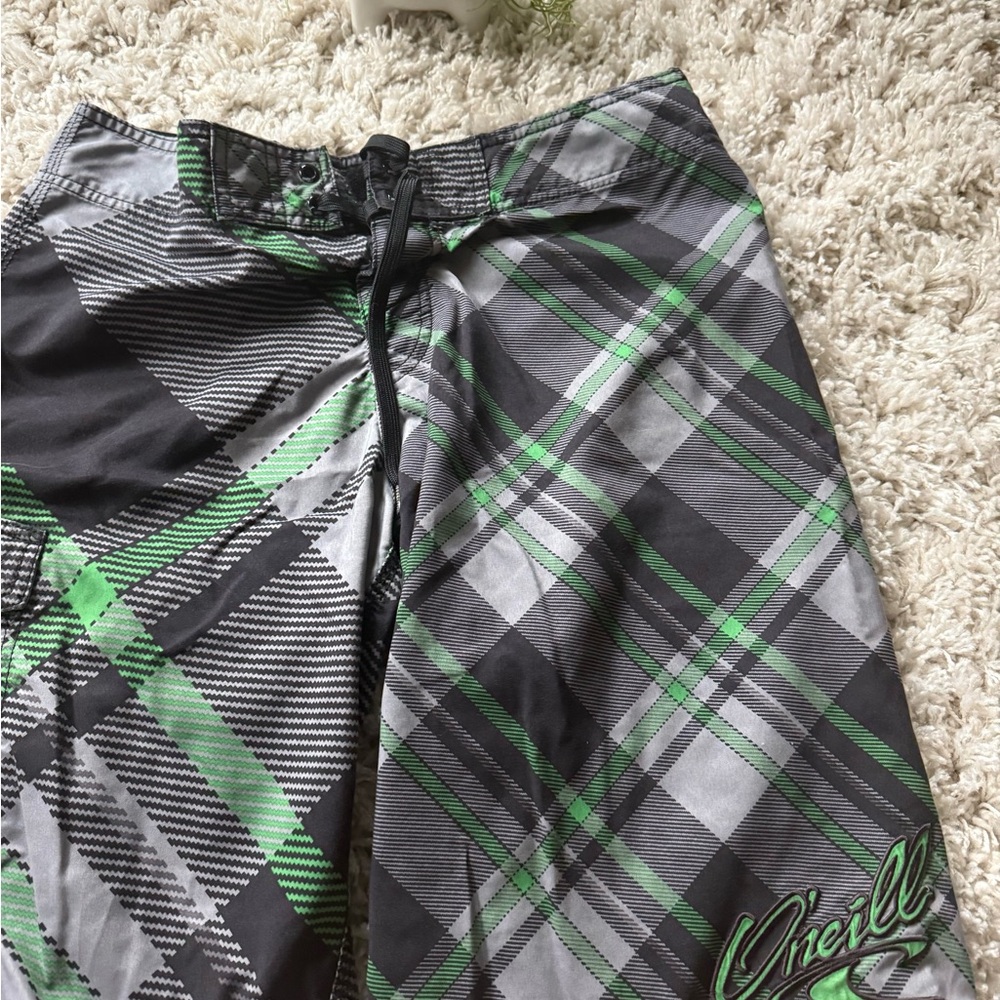 O'Neill Green and Gray Plaid Board Shorts